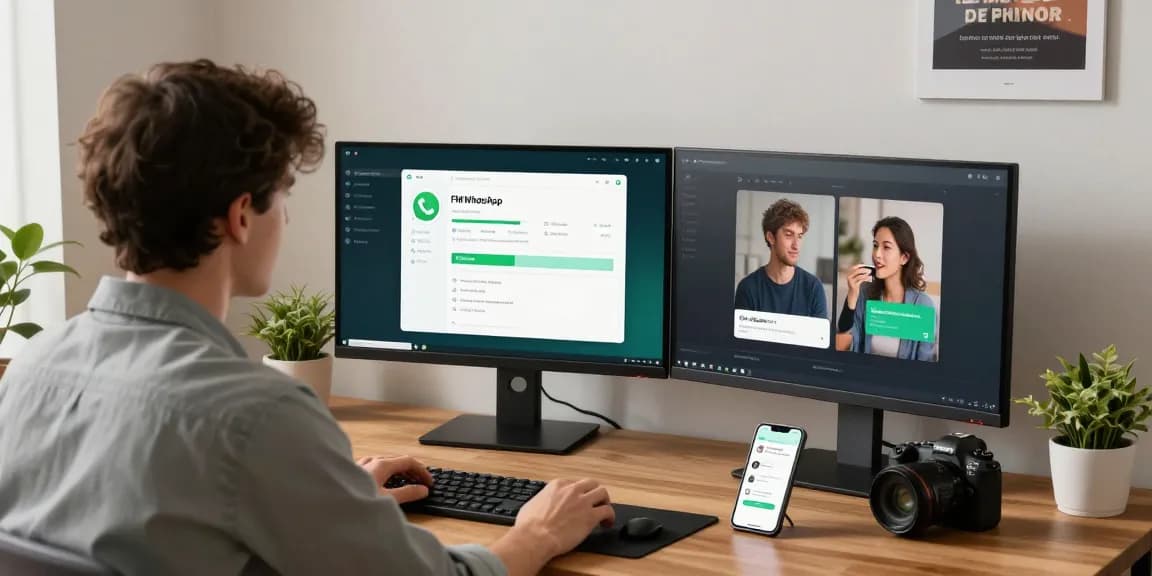 Dynamic home office scene showcasing customization features of FM WhatsApp on dual monitors.