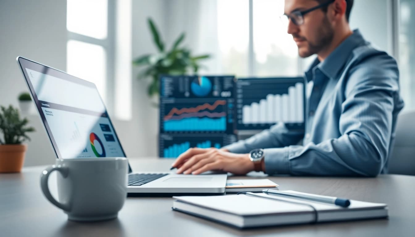 Shopware SEO Analyse durch einen Experten in einem modernen Büro, das Dringlichkeit und Professionalität vermittelt.