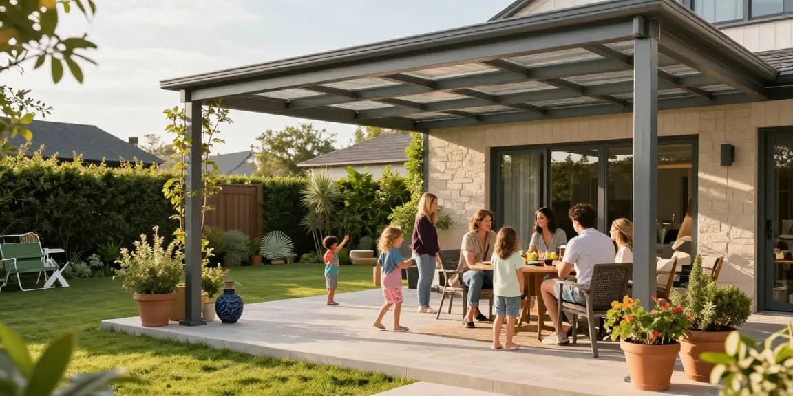 Moderne Terrassenüberdachung in einem einladenden Garten mit Familienaktivitäten.