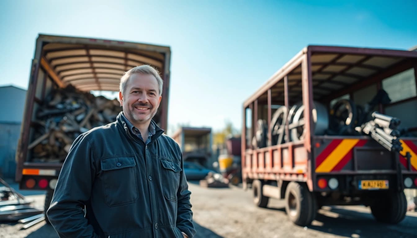Schrottabholung durch einen freundlichen Schrotthändler mit Pritschenwagen voller Altmetall.