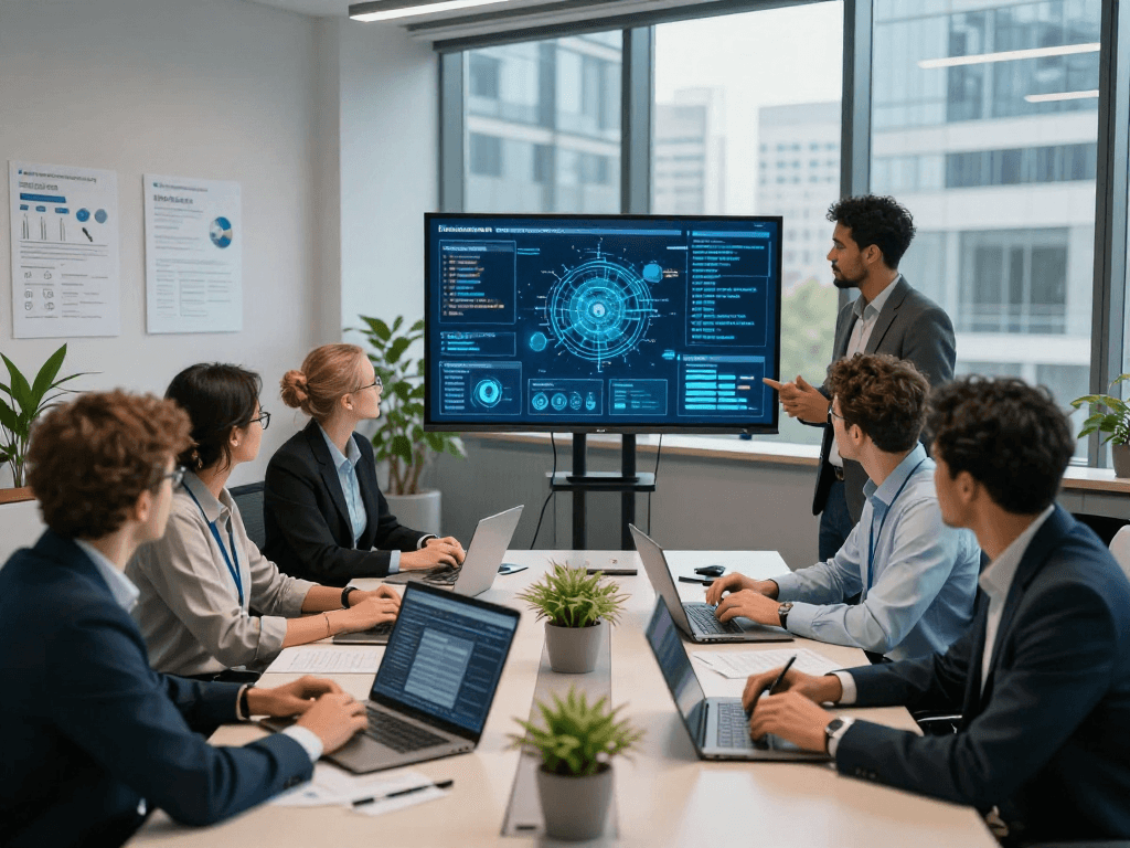 Daten- und IT-Sicherheit Dienstleistung: IT-Profis besprechen Sicherheitsstrategien in modernem Büro.