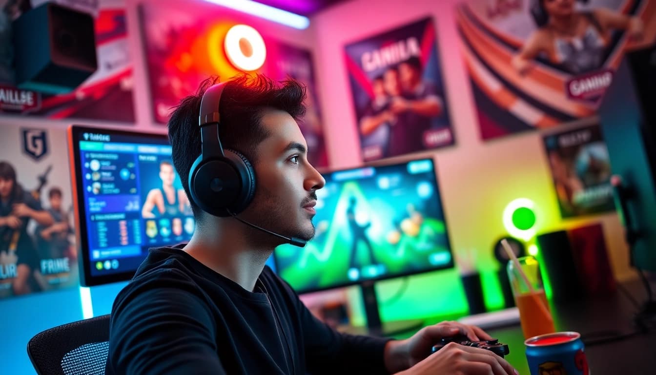 Twitch Streamer Österreich in voller Aktion während des Live-Streamings aus einem aufregenden Gaming-Setup.