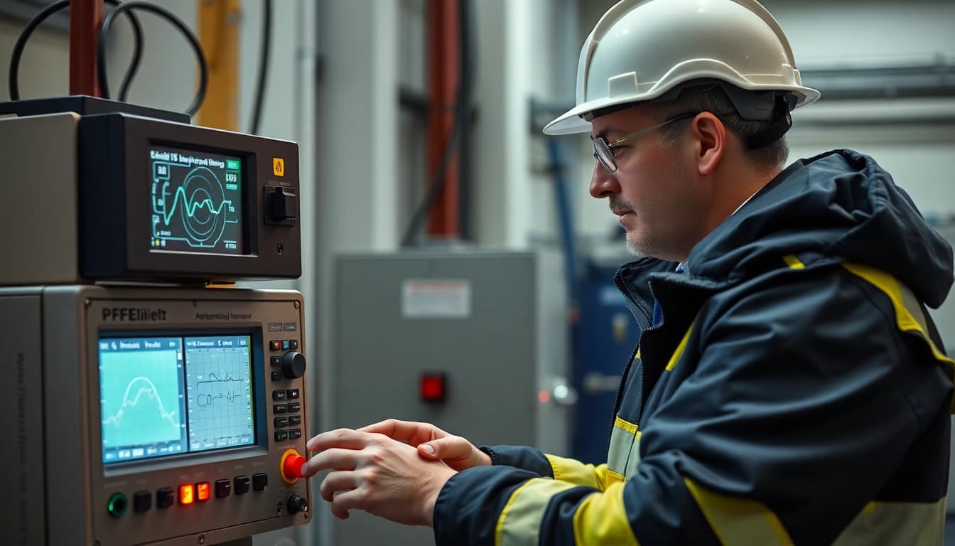 Ingenieur führt eine DGUV V3 Prüfung an einem elektrischen Gerät durch und priorisiert Sicherheit.