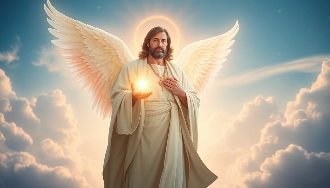Erzengel Uriel leuchtet in der himmlischen Landschaft und symbolisiert Weisheit.