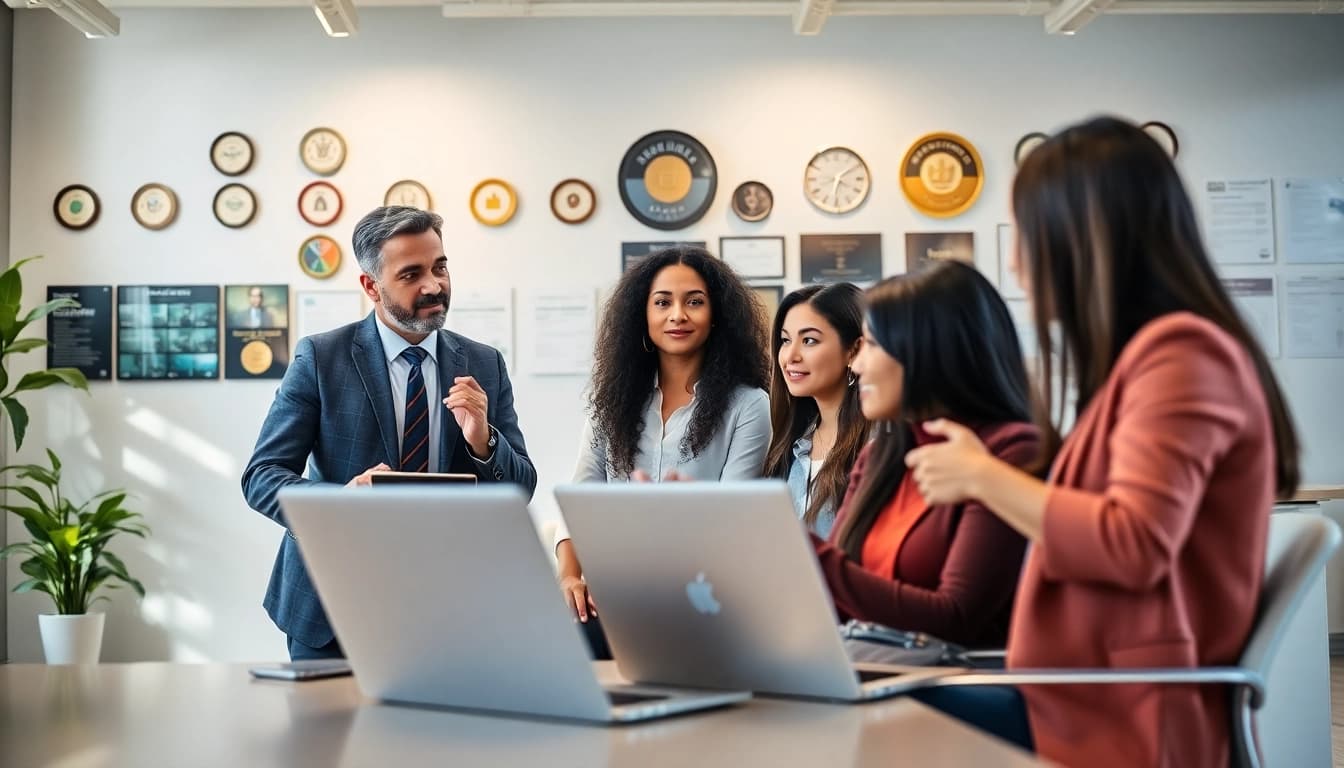 Headhunter IT connecting with candidates in a vibrant office setting.