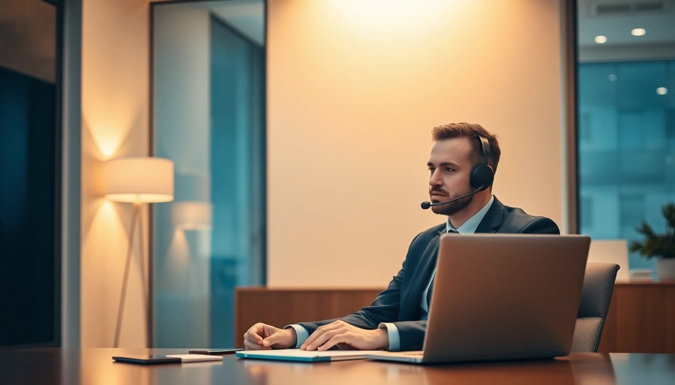 Headhunter berät Kunden im Büro mit Laptop und Notizen.