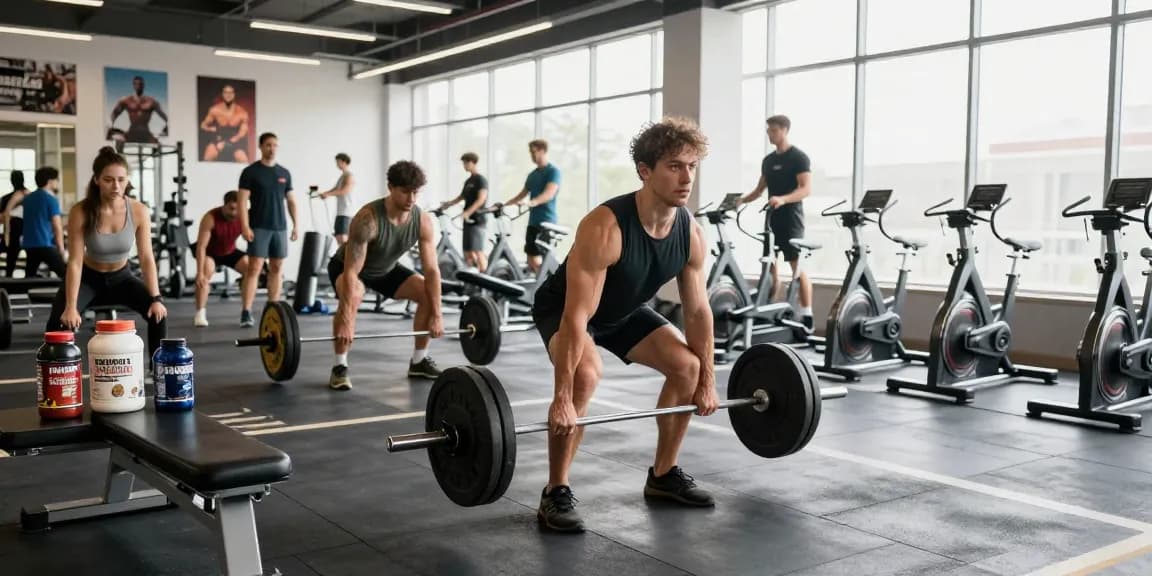 Kraftsportler hebt Gewichte in einer lebhaften Fitnessstudio-Szene im Anabolika Shop Deutschland und zeigt Hingabe zu Fitness und Muskelwachstum.