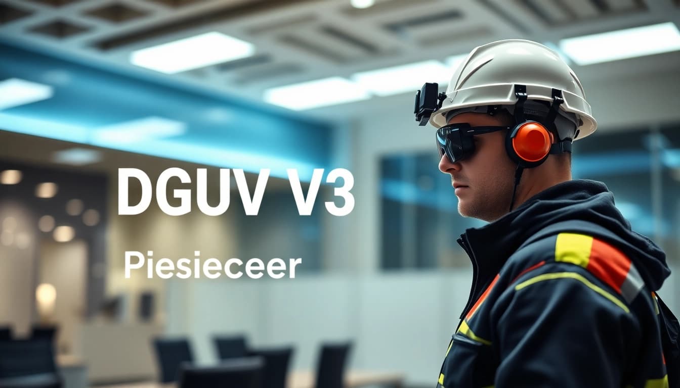 Prüfer führt eine DGUV V3 Prüfung in einem hellen Büro durch, mit Fokus auf Sicherheit und Technik.