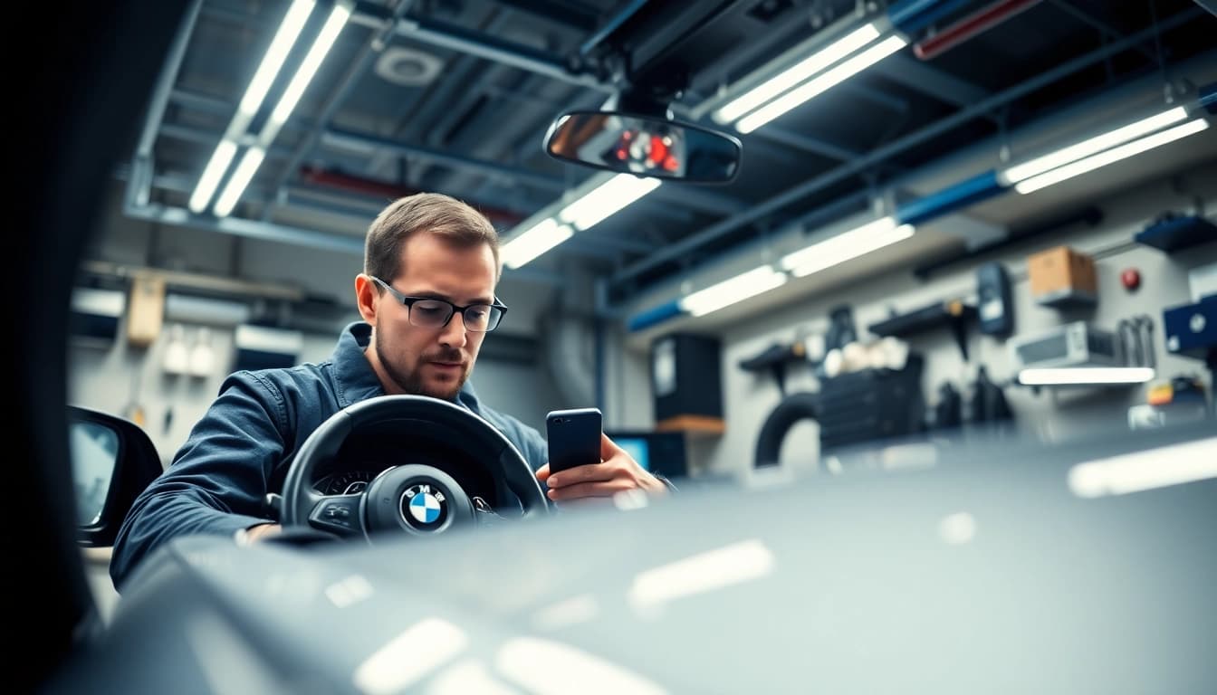 BMW Codierung: Techniker optimiert BMW mit modernen Werkzeugen in einer Werkstatt.