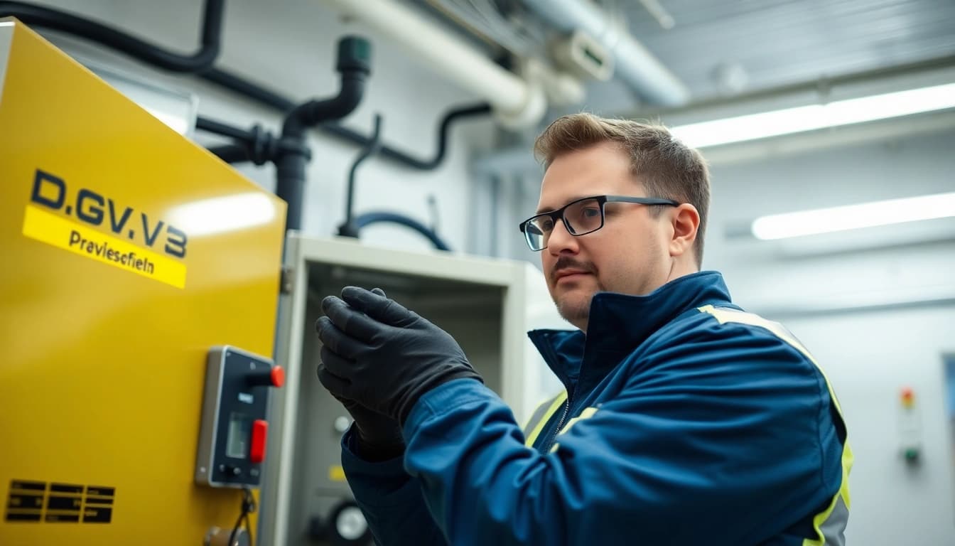 Technician conducting a DGUV V3 Prüfung on electrical equipment, ensuring workplace safety.