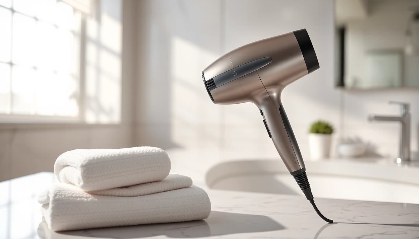 Laifen swift hair dryer elegantly displayed in a bright bathroom setting.