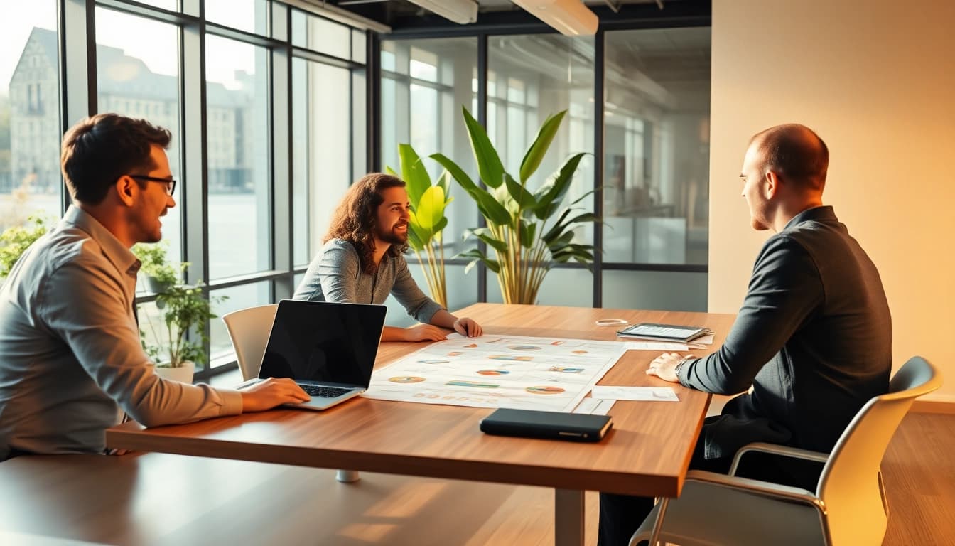 Headhunter Gastronomie Team diskutiert in modernem Büro über Rekrutierung.