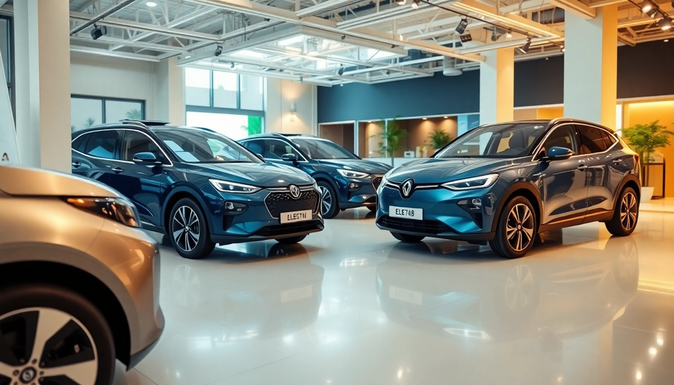 Elektroautos in modern showroom showcasing advanced electric vehicle technology.