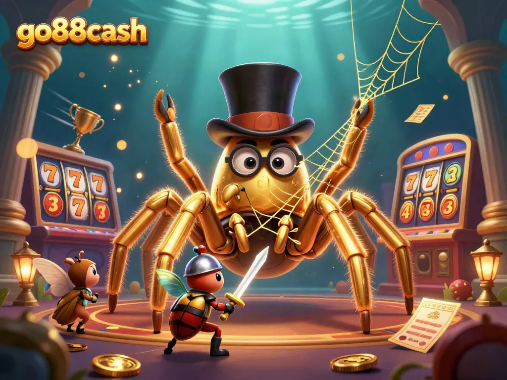 Win big at GO88 cash casino with the vibrant 3D illustration featuring golden tarantula and beetle knight.