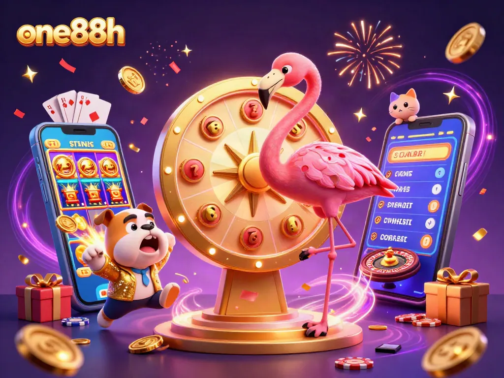 Join the excitement with one88h as a flamingo host spins a giant prize wheel in this vibrant casino scene.