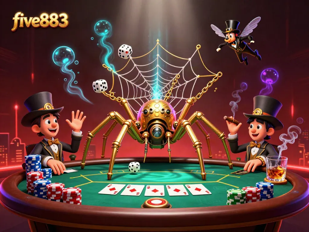 Experience dynamic gameplay at five883, with steampunk characters capturing dice amidst poker elements.