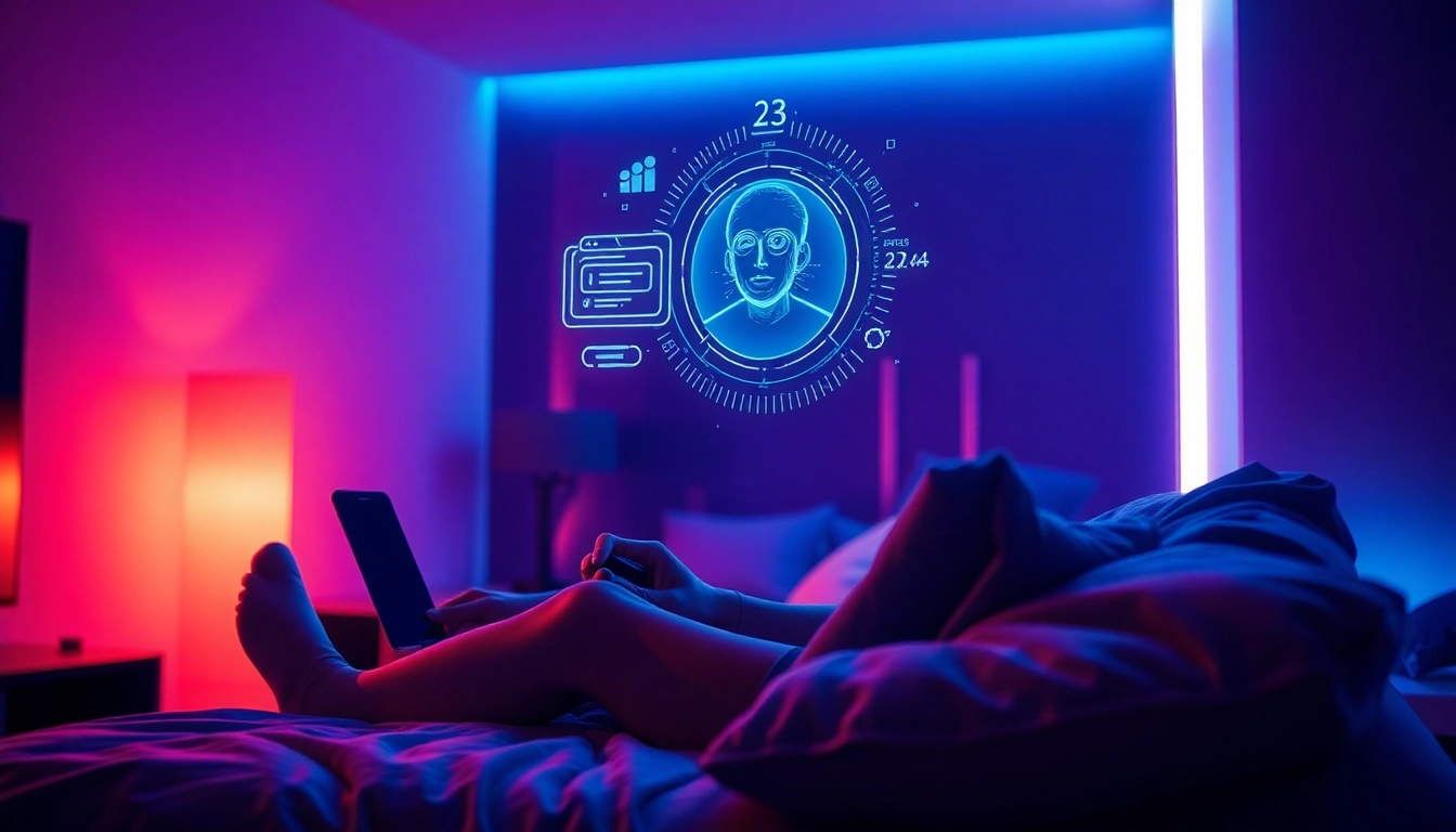 Engaging scene of ai chat sex with a futuristic AI chatbot interface in a cozy setting.