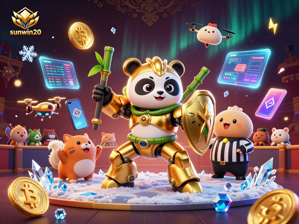 Experience the excitement of sunwin20 gaming with a golden panda in a mech suit during a vibrant online casino match.