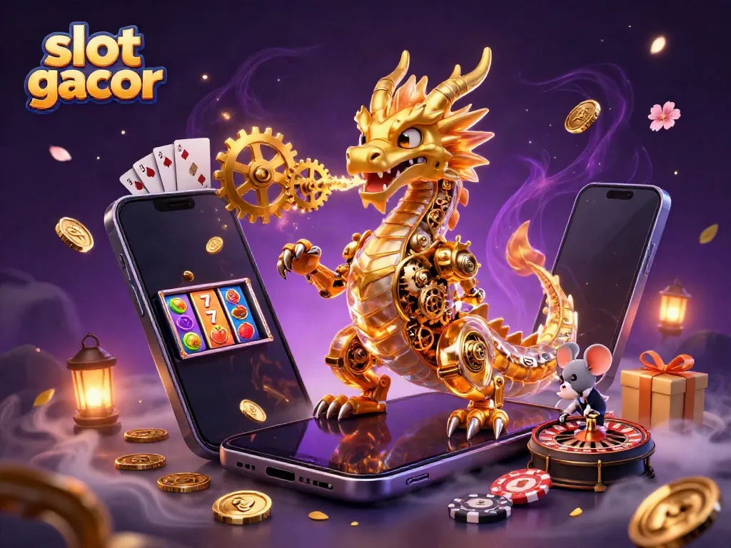 Engage in slot gacor action featuring a dragon amidst coins and colorful slots.