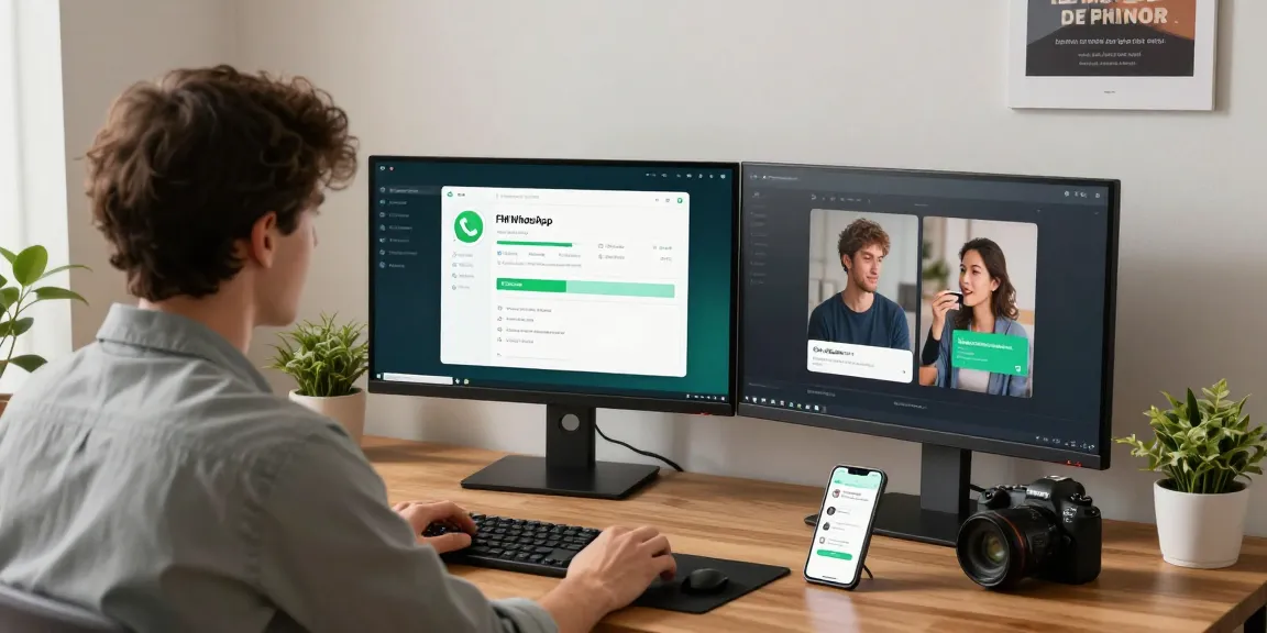 Dynamic home office scene showcasing customization features of FM WhatsApp on dual monitors.