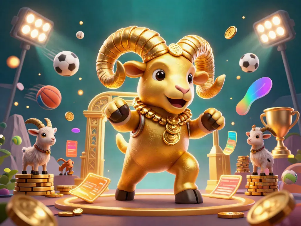 Mubet's exciting golden ram character charging through a dynamic casino scene filled with sports elements.