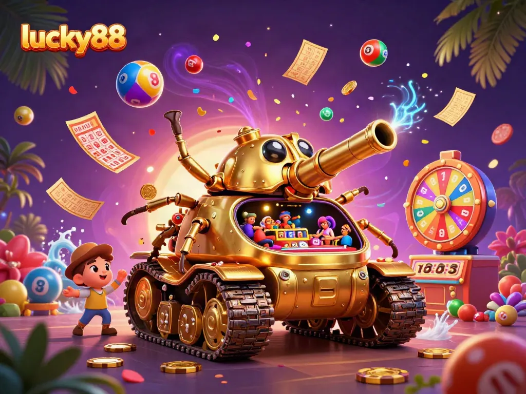 Experience the excitement of lucky88 with a vibrant 3D casino scene featuring a golden beetle tank and lively game elements.