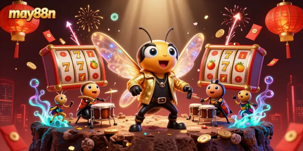 Experience thrilling jackpots at may88n with vibrant slot reels and animated characters.