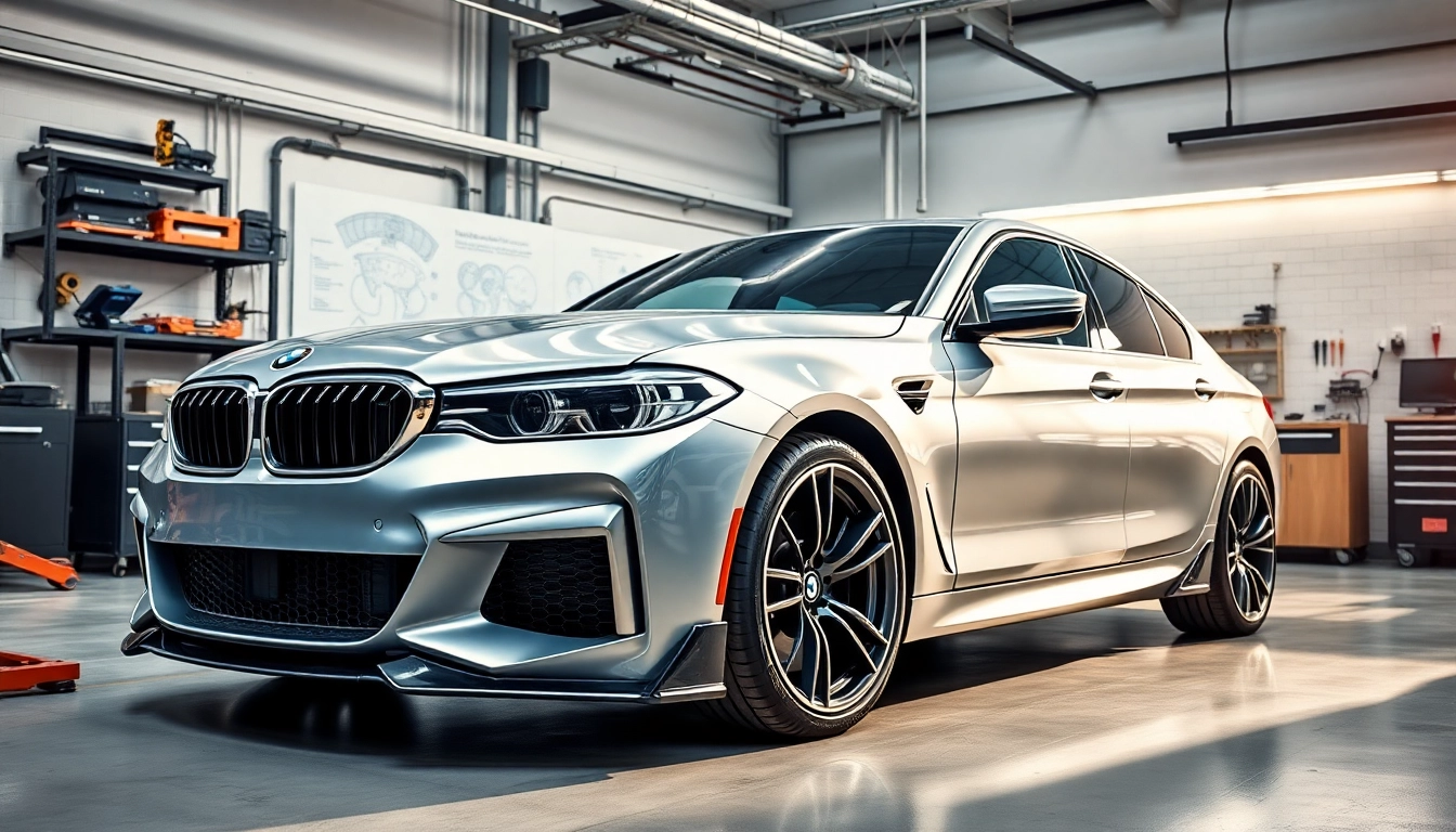 BMW Nachrüstung mit hochwertigen Komponenten in einer modernen Werkstatt.