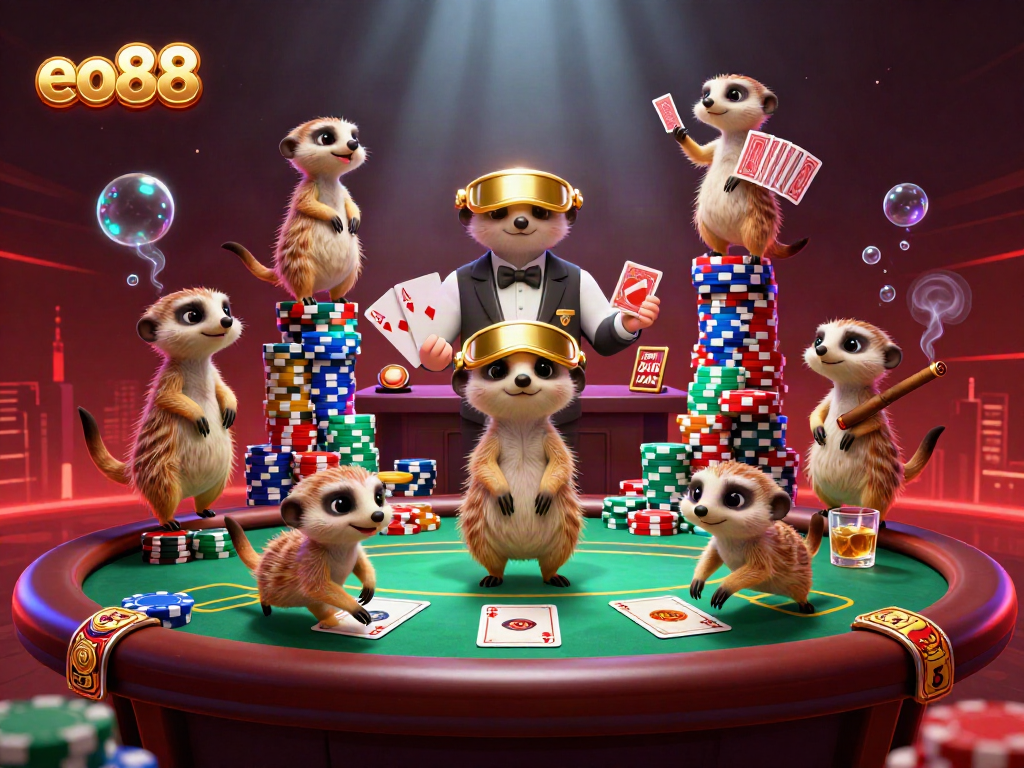 eo88 meerkats operate a vibrant casino with poker tables and colorful chips, illustrating casino excitement