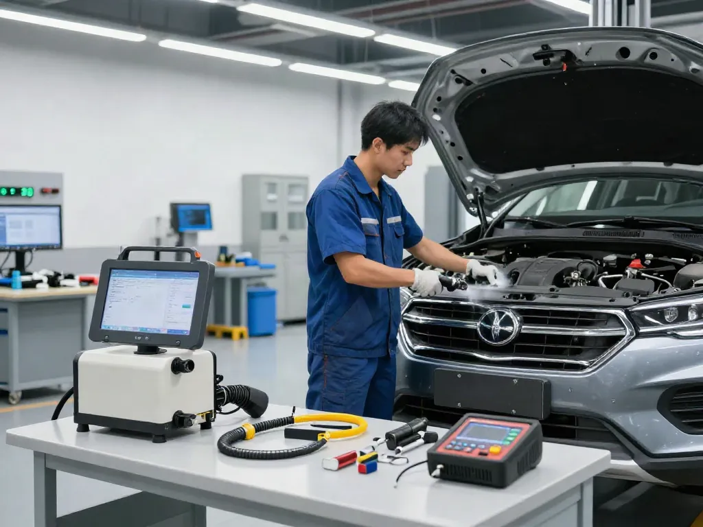 Techniker beim DPF-Reinigen in einer modernen Werkstatt mit professionellem Equipment.