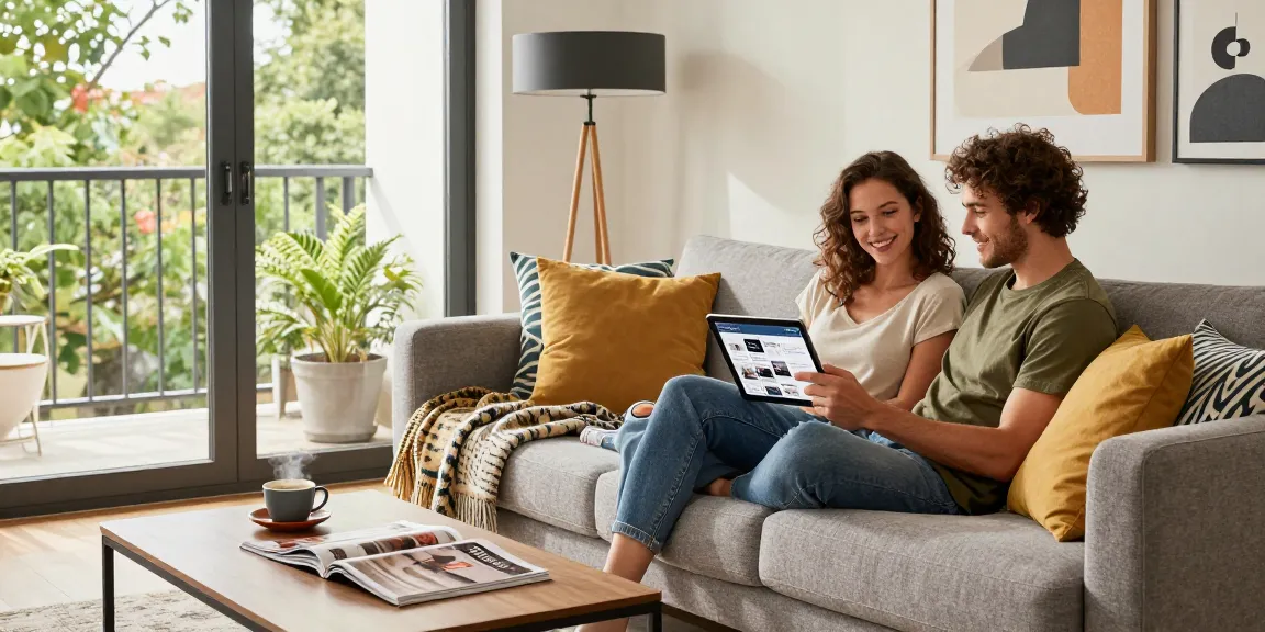 Stilvolle Wohnzimmer-Szene, die ein Paar zeigt, das beim Durchstöbern von Möbeln genießt und eine einladende Atmosphäre für möbel deutschland online kaufen widerspiegelt.