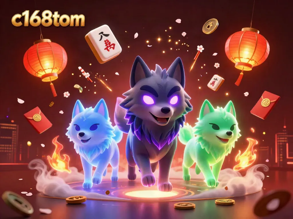 C168tom casino scene showcasing a shadow wolf leader with ghostly companions amidst glowing mahjong tiles and festive lanterns.