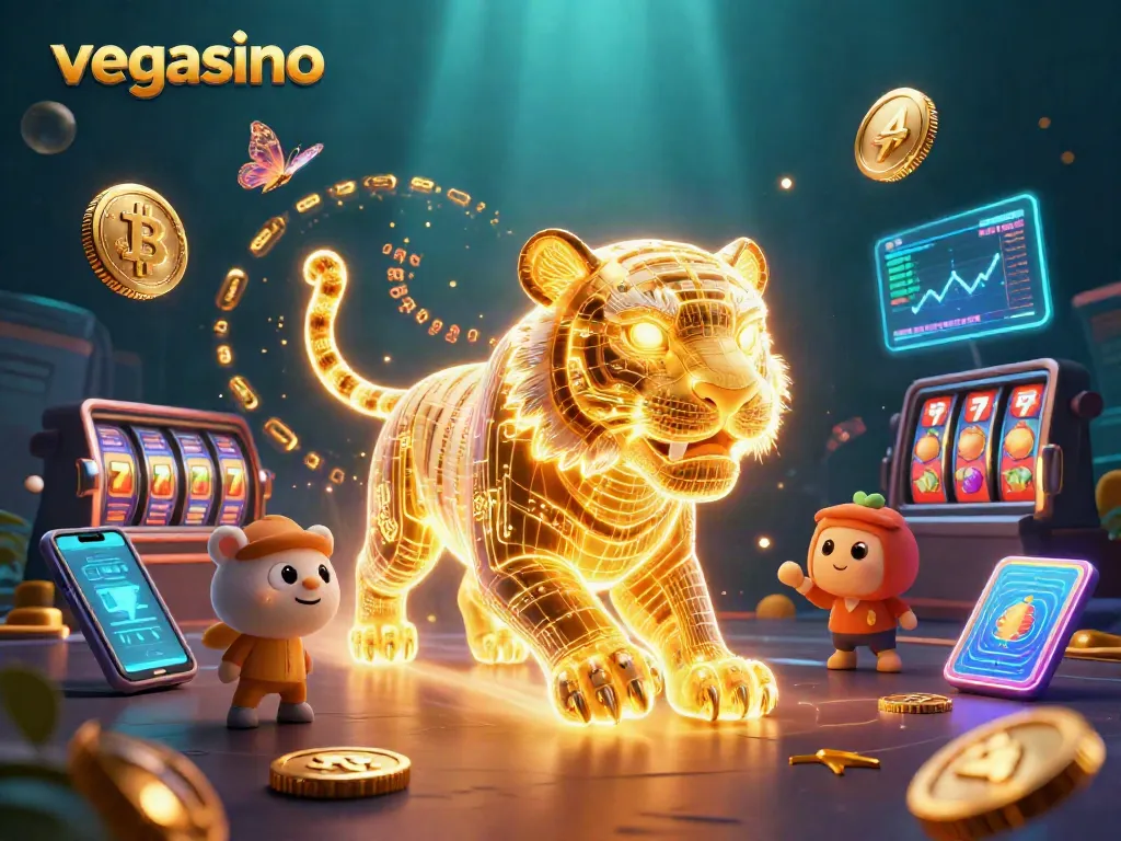 Experience the vibrant energy of vegasino with a neon-lit tiger and crypto game elements.