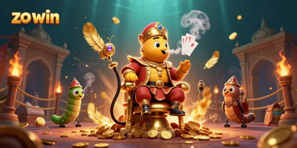 Engage with the thrilling scene of "zo win" as a caterpillar hookah-master oversees a vibrant casino atmosphere filled with gold coins and exciting gaming elements.