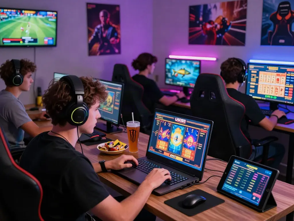 Young man engaged in an exciting slot game on UK88's platform, showcasing vibrant graphics and a lively gaming environment.