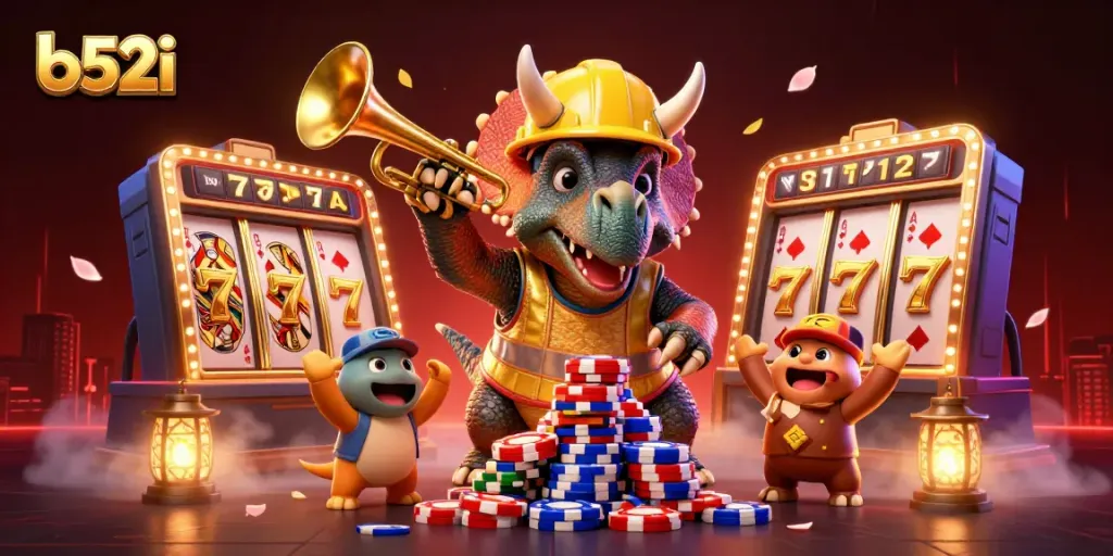 Engage in thrilling gameplay with b52i's vibrant slot scene featuring festive characters.