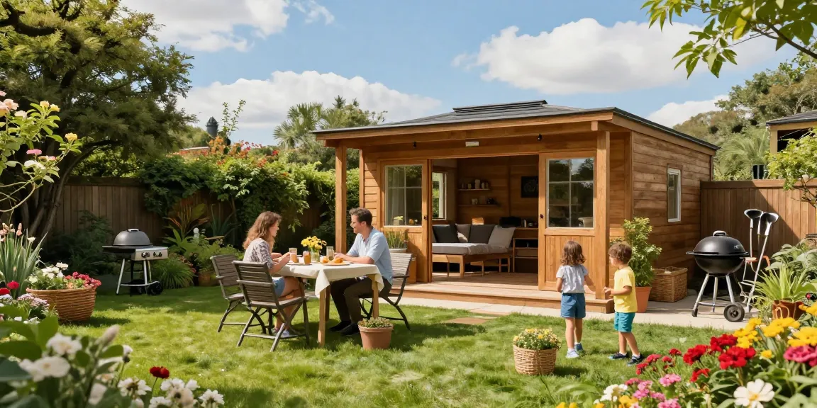 Gartenhaus kaufen – Stilvolles Holz-Gartenhaus inmitten eines einladenden Gartens mit Spielfläche für Kinder.