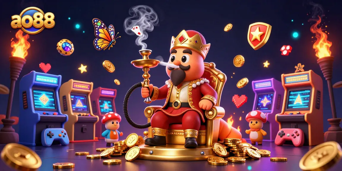 Engage with ao88's vibrant casino scene featuring a hookah-master and dynamic arcade games.