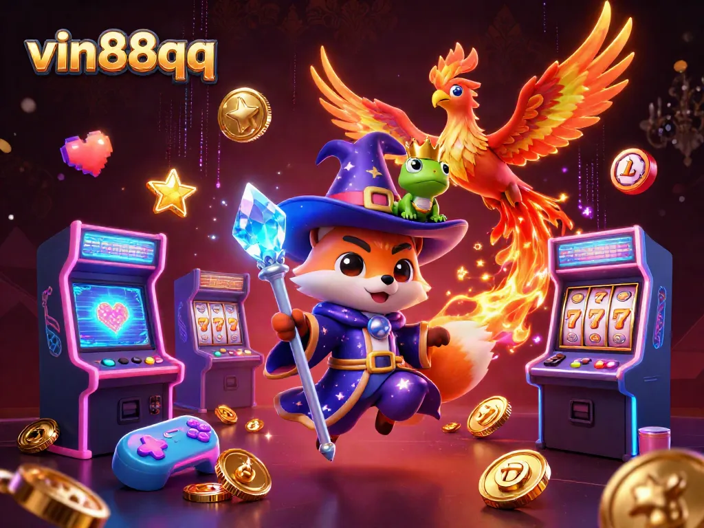 Experience the thrill of vin88qq with a dynamic illustration of a wizard fox, phoenix, and gaming elements.