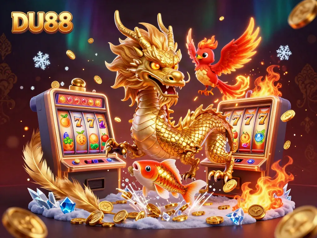 Win big at DU88 with the fierce dragon, phoenix, and koi fish amidst vibrant casino elements.