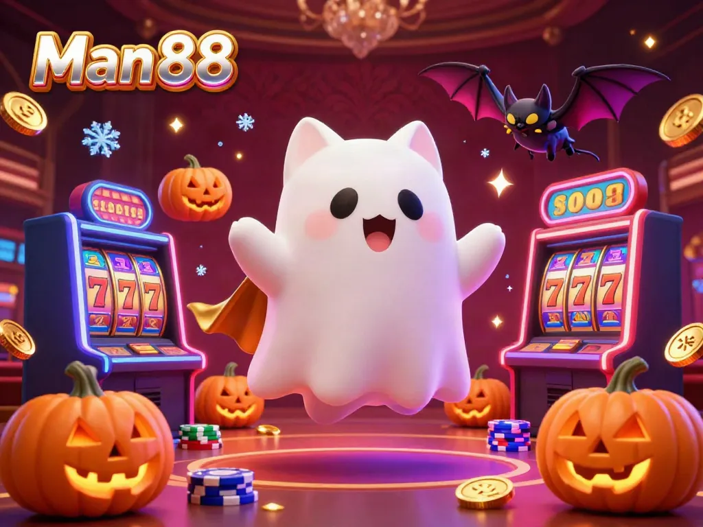 Engage in thrilling gameplay at Man 88 with the friendly ghost cat and vampire bat in a vibrant casino.