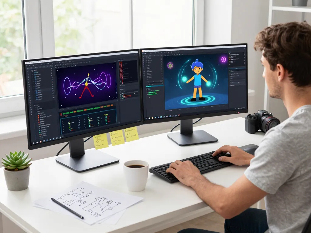 Programming workspace visualizing motion control ai, featuring animated coding interfaces and creative tools.