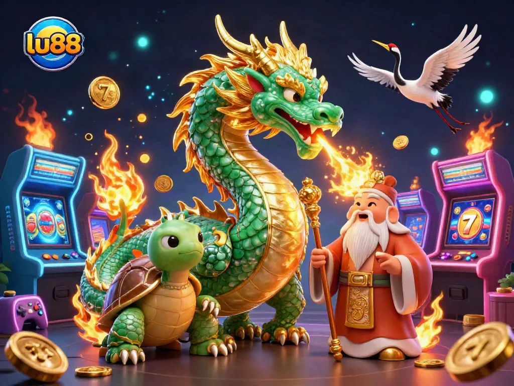 Experience thrilling gameplay at lu88 with a stunning dragon, sage, and vibrant casino elements.