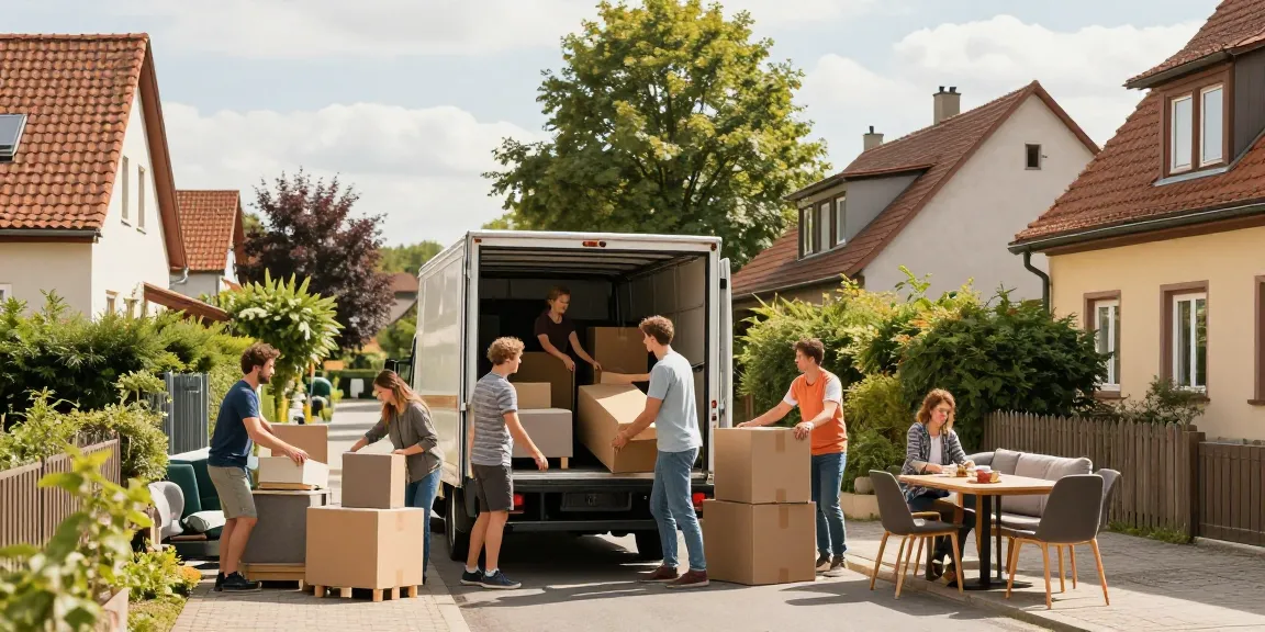 Umzugsunternehmen Bruchsal bei einem freundlichen Umzug, Familie packt Möbel in ein Umzugsfahrzeug.