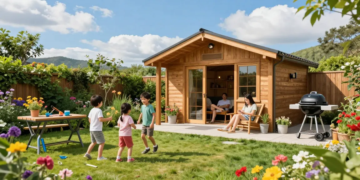 Gartenhaus Holz in sonniger Umgebung, Familienzeit im Garten genießen.