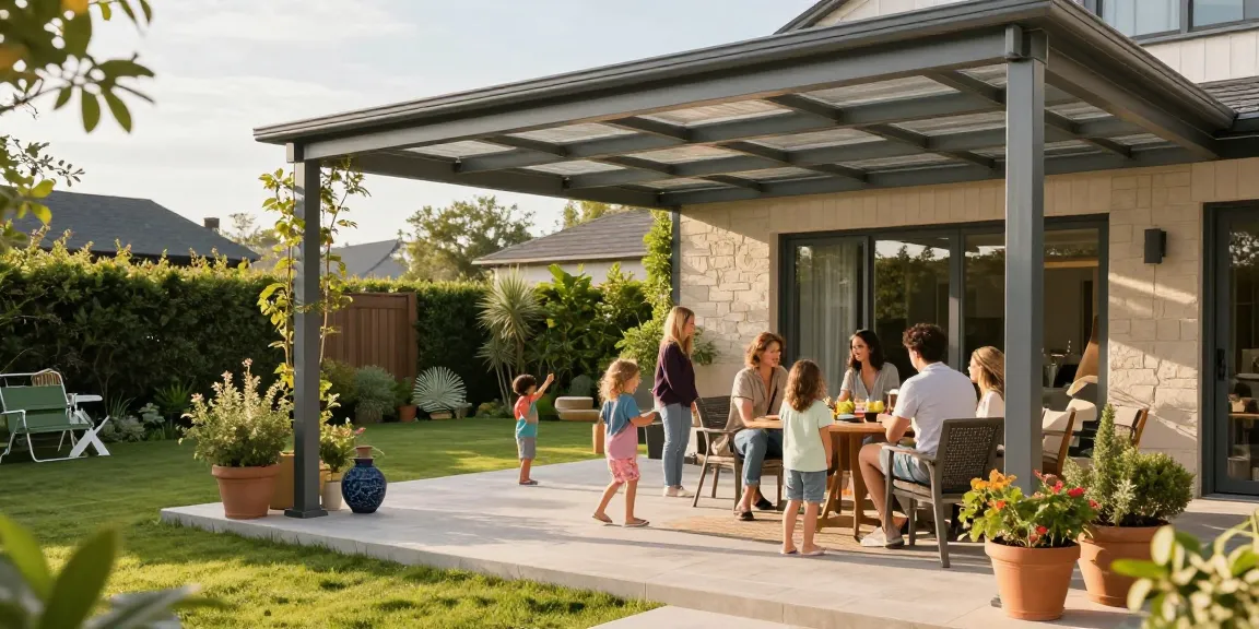 Moderne Terrassenüberdachung in einem einladenden Garten mit Familienaktivitäten.