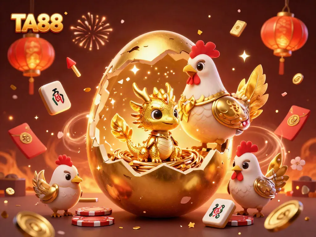 Experience exciting gaming at TA88 with a golden dragon guarding poker chips amidst festive gambling elements.