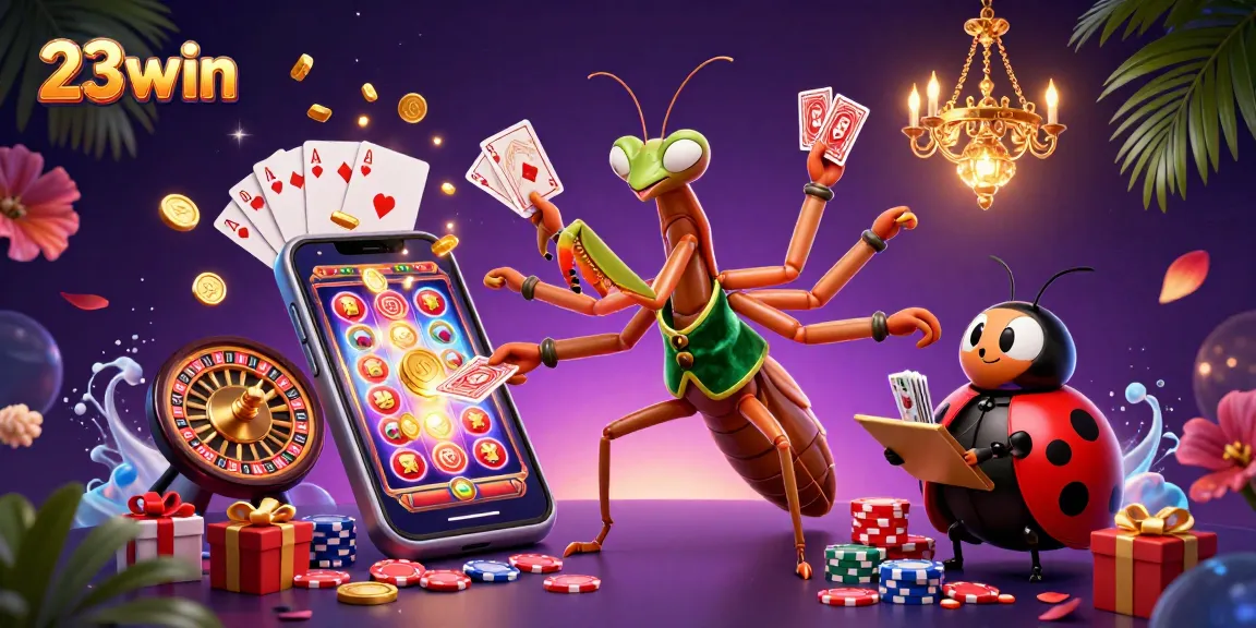 Experience thrilling wins at 23win with vibrant gaming elements and engaging characters in a dynamic casino scene.