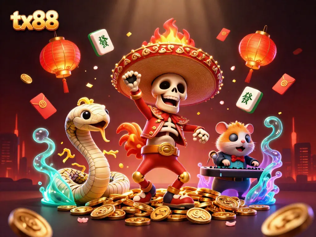 Experience excitement with tx88 in a jubilant 3D casino scene featuring vibrant characters and festive decor.