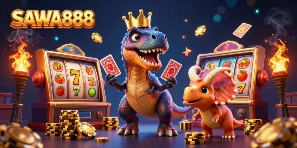 Experience thrilling gaming action with SAWA888 as a T-Rex card dealer, vibrant slot machines, and playful dino characters.